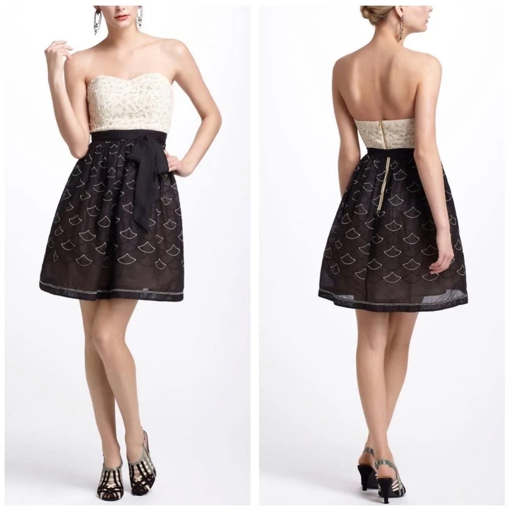 Anthropologie Meadow Rue 8P Battenberg Organdy Dress Black Ivory Strapless